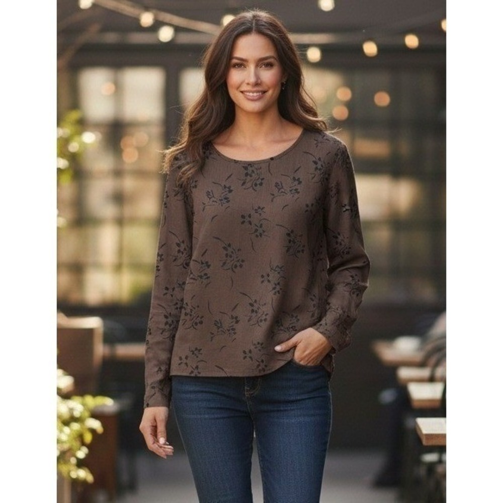 Thin Air Floral Long Sleeve Top Women's Small Brown Vacation Travel‎ Pullover